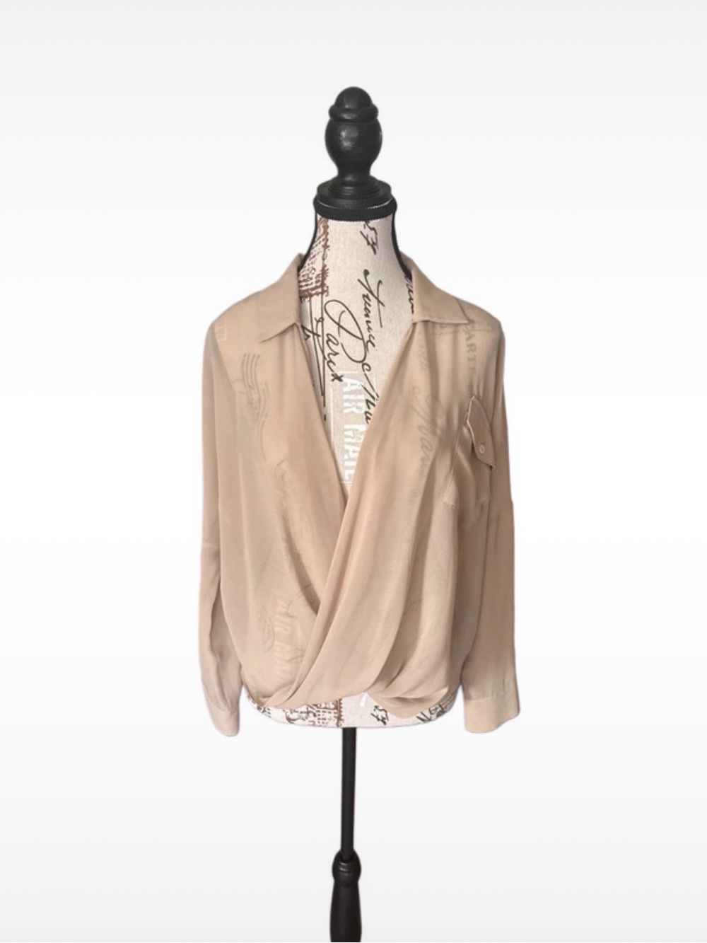 Like new! Draped V-Neck Long Sleeve Blouse - Beige, small